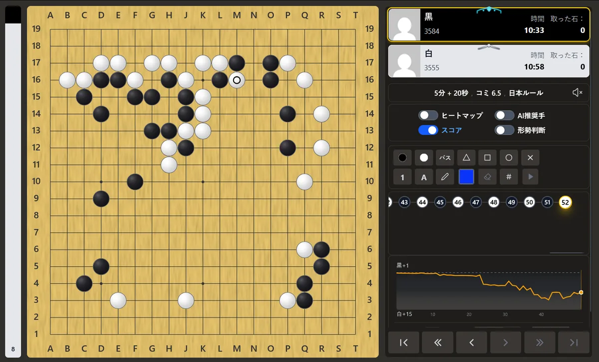 PlayGo.ggの19路盤の対局画面：持ち時間、コミ6.5、日本ルール、形勢グラフ